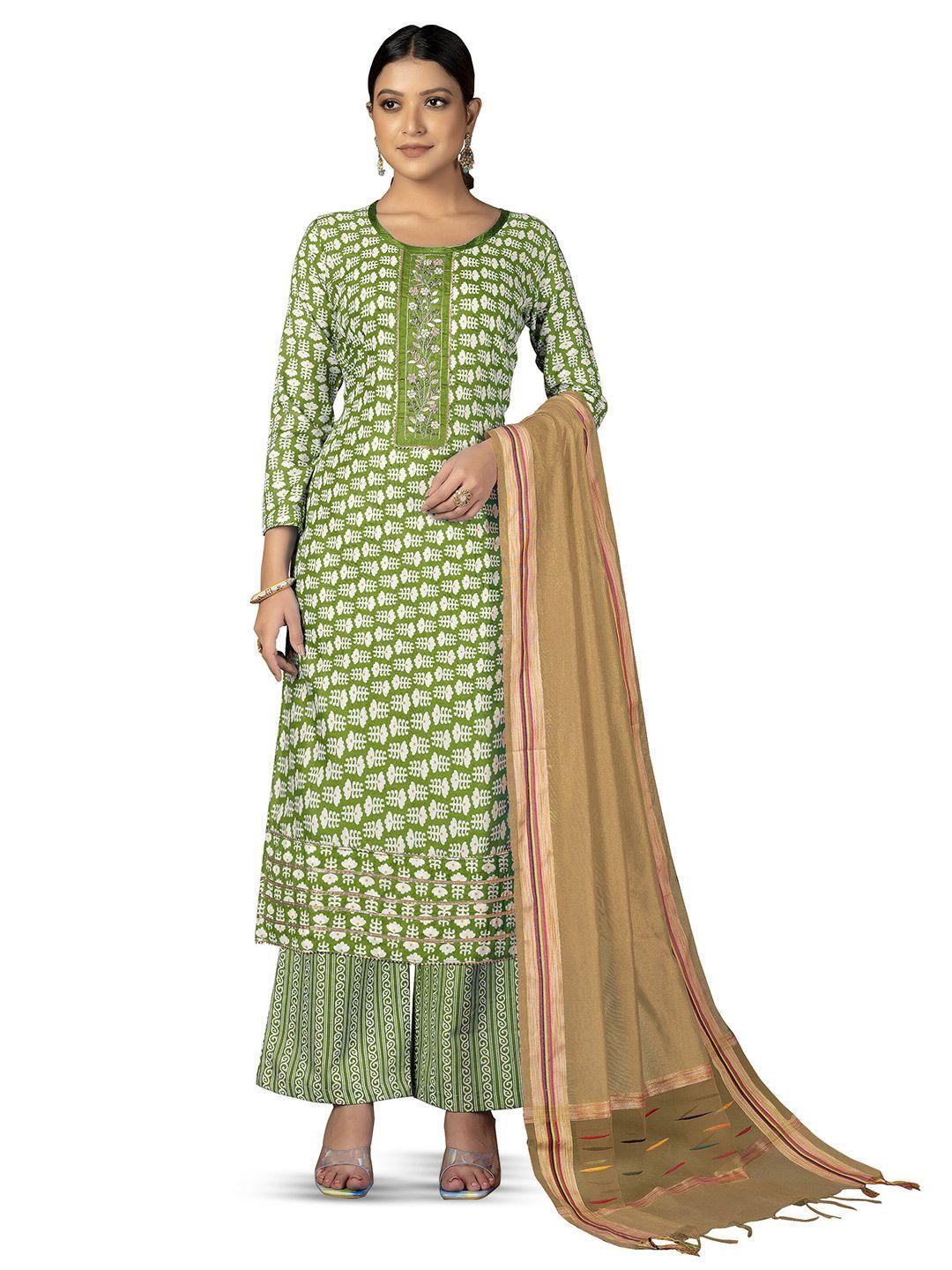 manvaa green printed pure cotton unstitched dress material