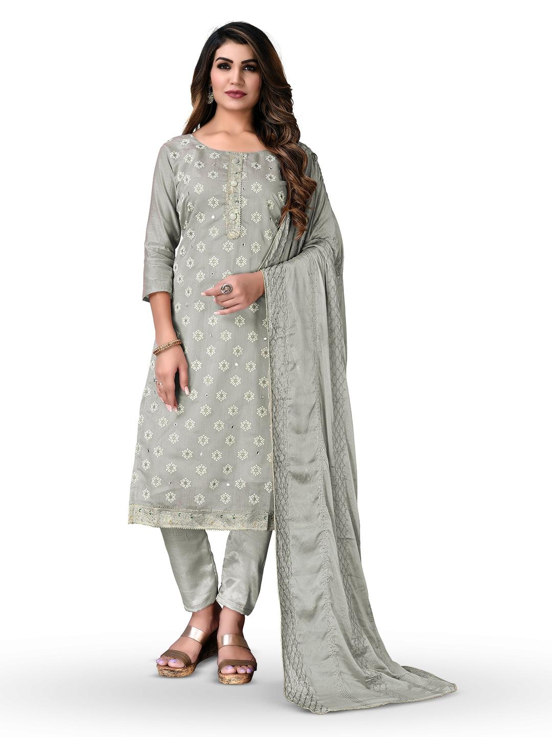 manvaa grey embellished unstitched dress material