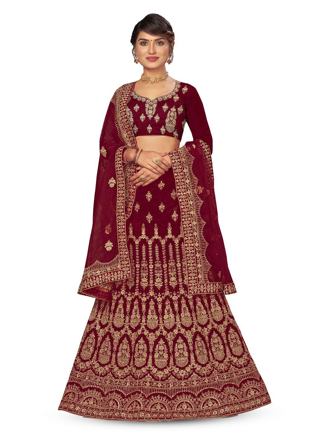 manvaa maroon & beige embroidered thread work semi-stitched lehenga & unstitched blouse with dupatta