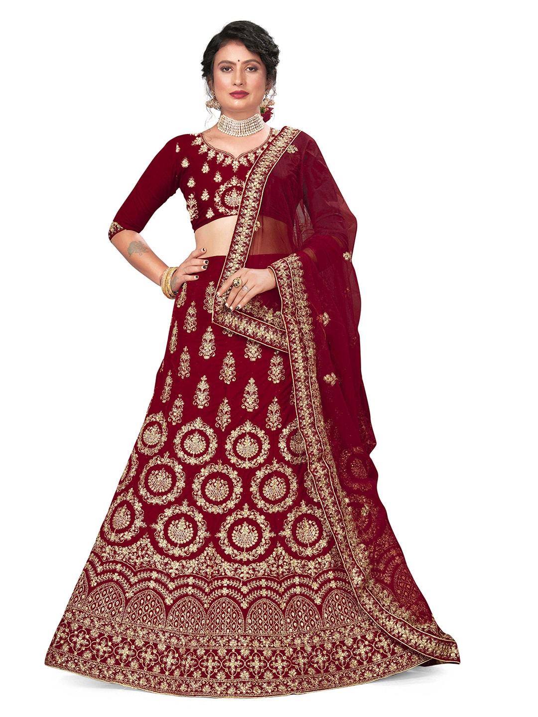 manvaa maroon & gold-toned embroidered beads and stones semi-stitched lehenga & unstitched blouse with