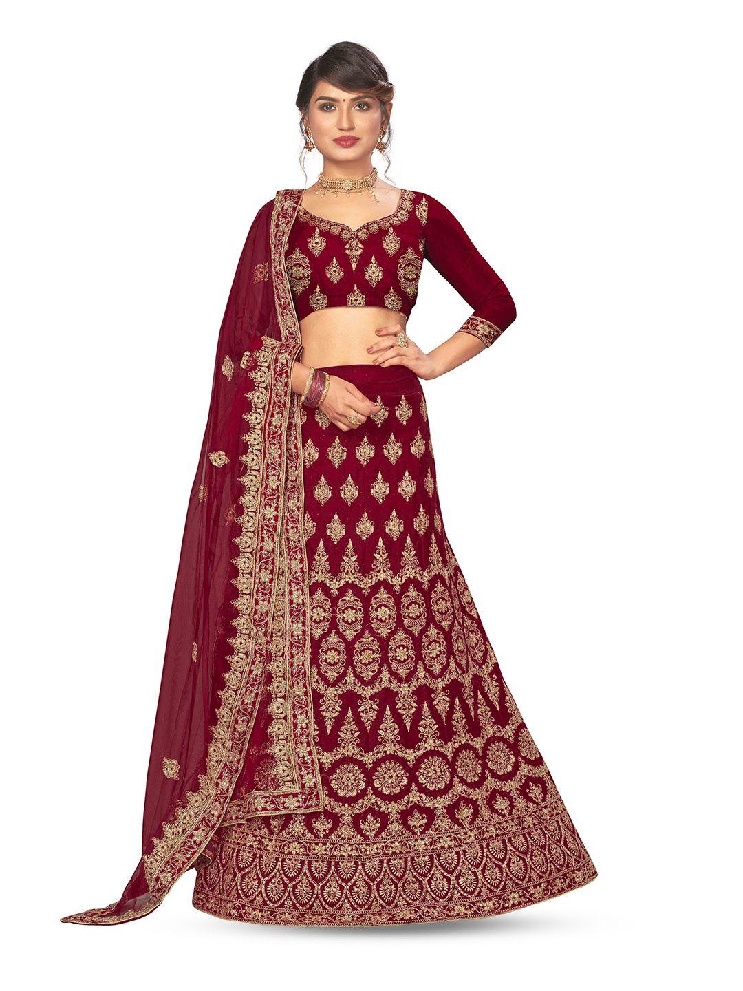 manvaa maroon & gold-toned embroidered thread work semi-stitched lehenga & unstitched blouse with dupatta