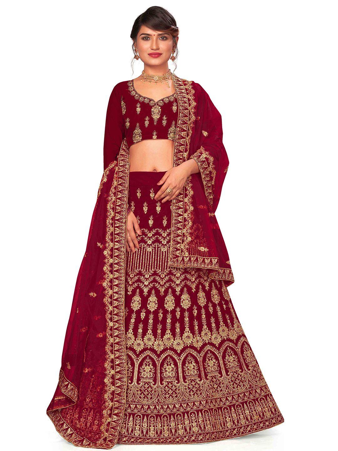 manvaa maroon & gold-toned embroidered thread work semi-stitched lehenga & unstitched blouse with dupatta