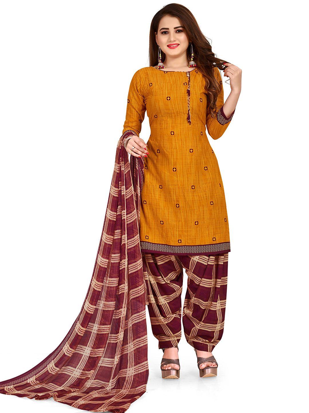 manvaa mustard printed silk crepe unstitched dress material