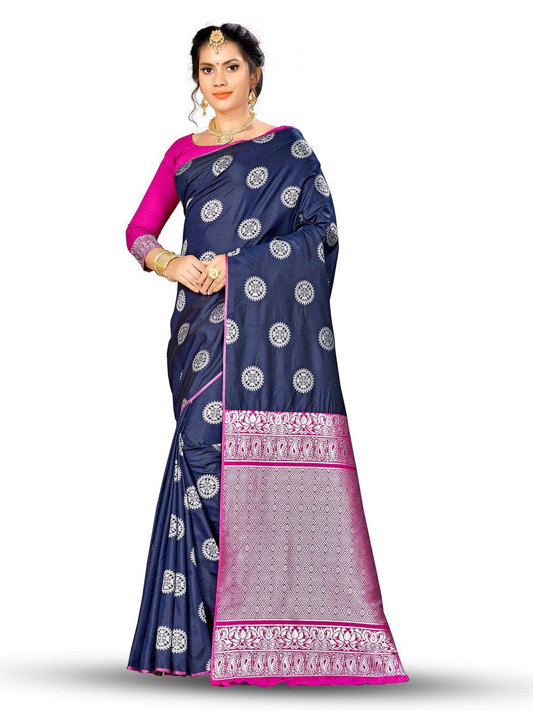 manvaa navy blue & pink ethnic motifs zari silk blend banarasi saree