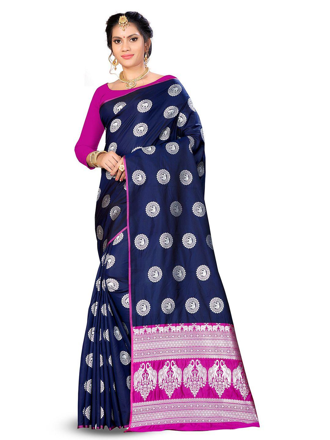 manvaa navy blue & pink woven design silk blend banarasi saree