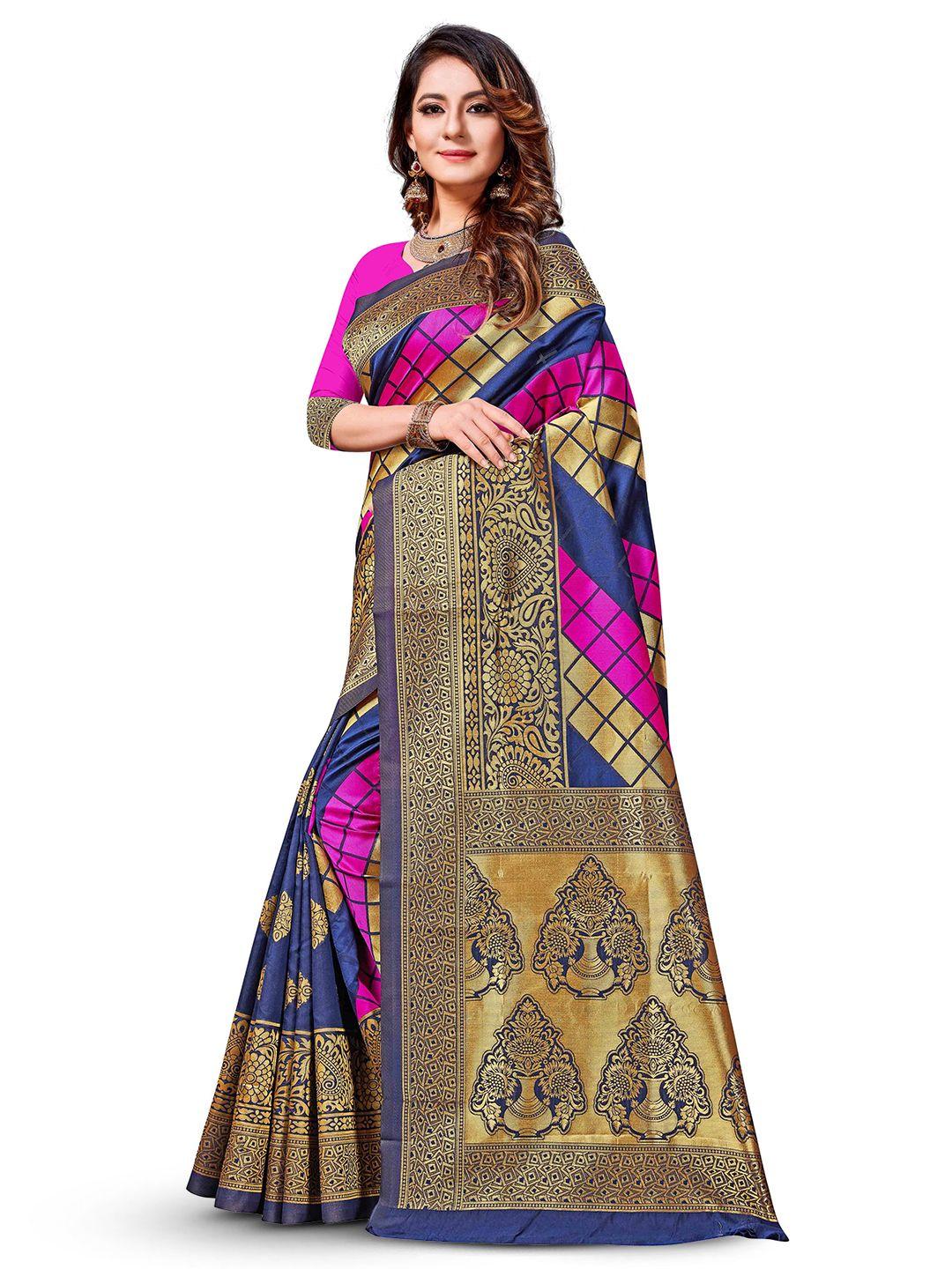 manvaa navy blue & pink woven design zari silk blend banarasi saree