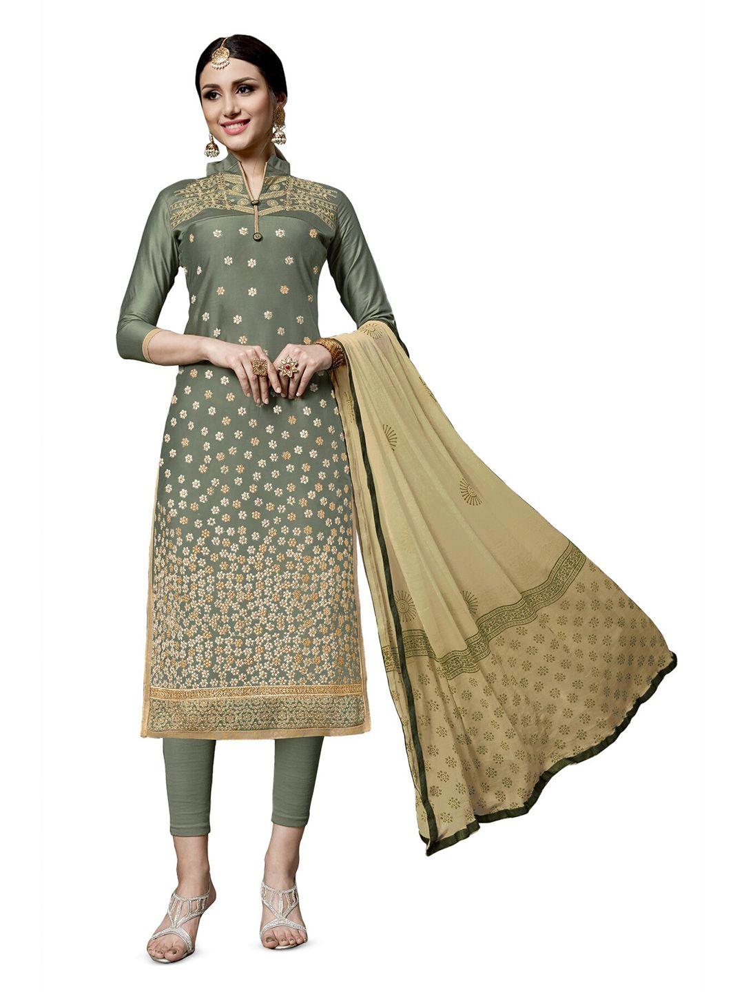 manvaa olive green embroidered pure cotton unstitched dress material