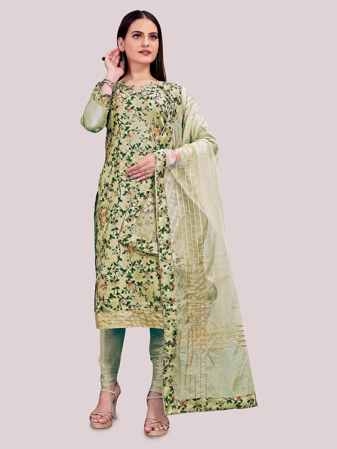 manvaa olive green printed unstitched dress material