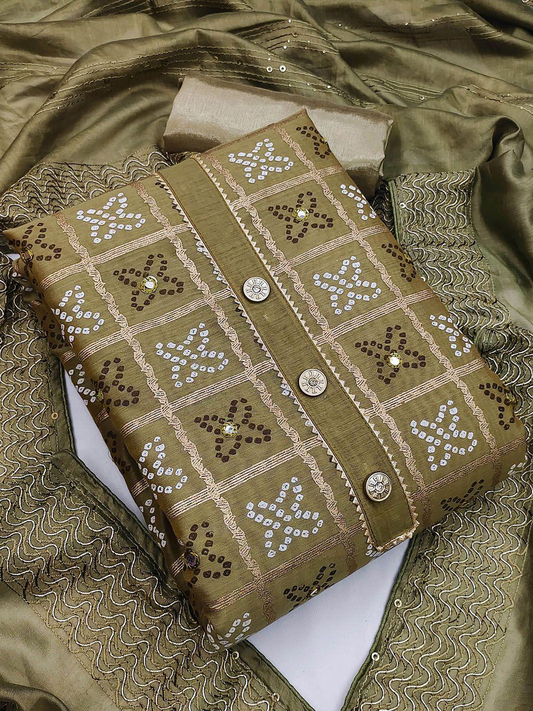 manvaa olive green printed unstitched dress material