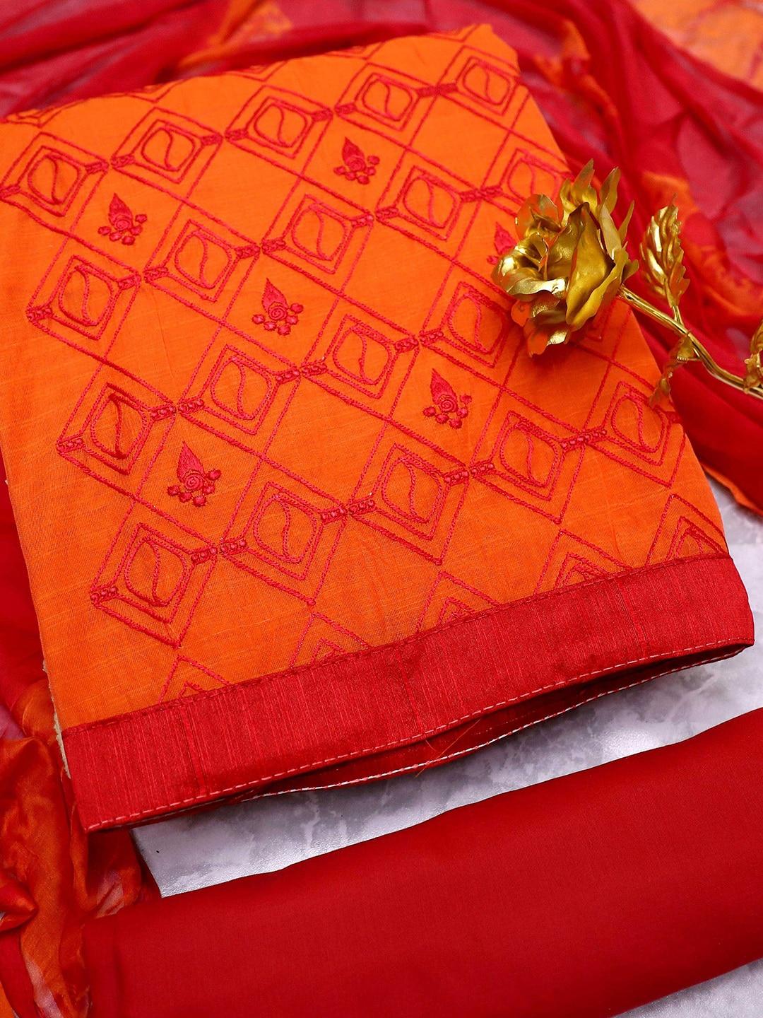 manvaa orange embroidered unstitched dress material