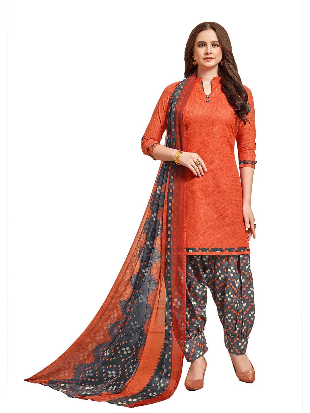 manvaa orange printed pure cotton unstitched dress material