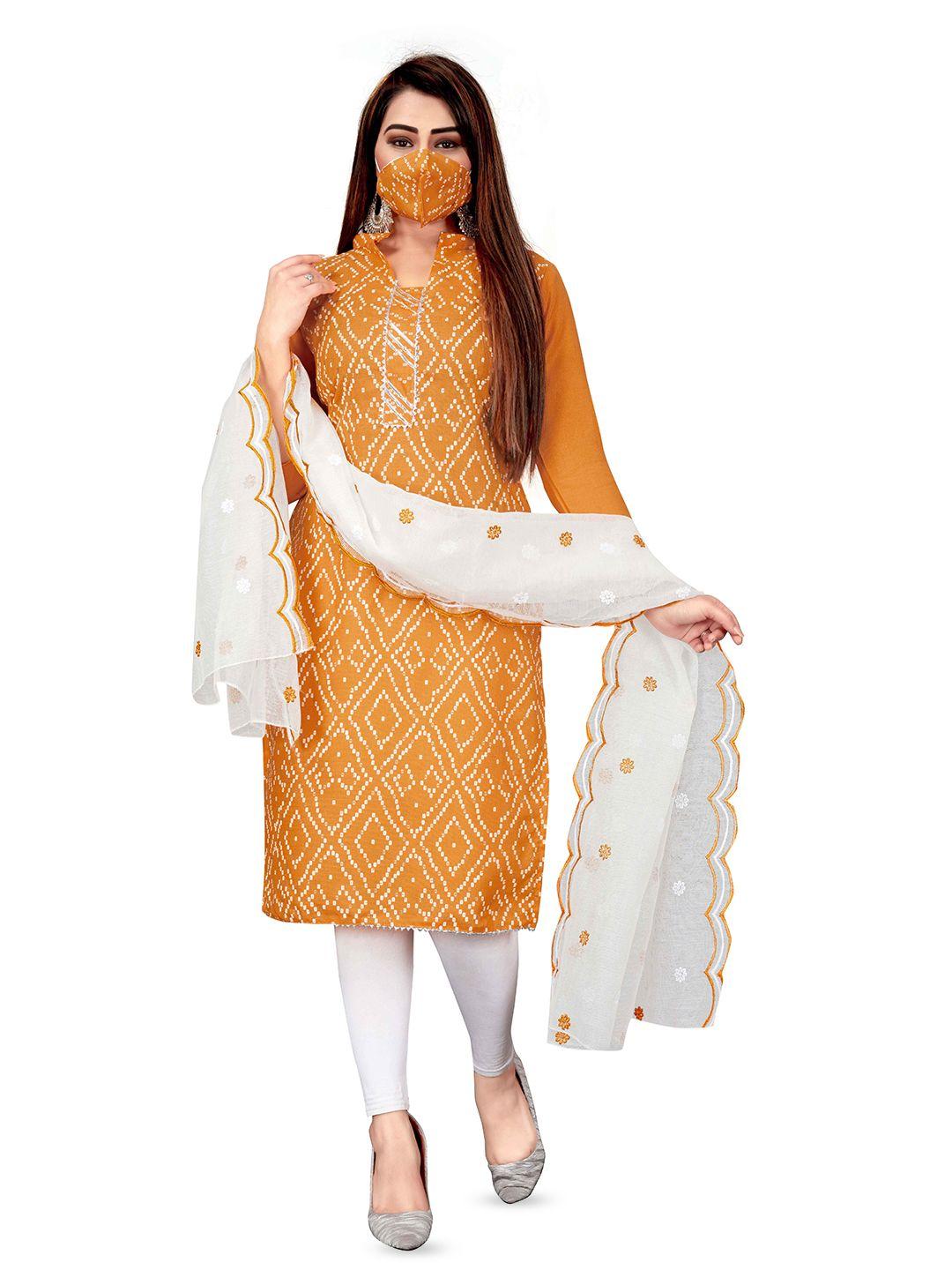 manvaa orange printed unstitched dress material