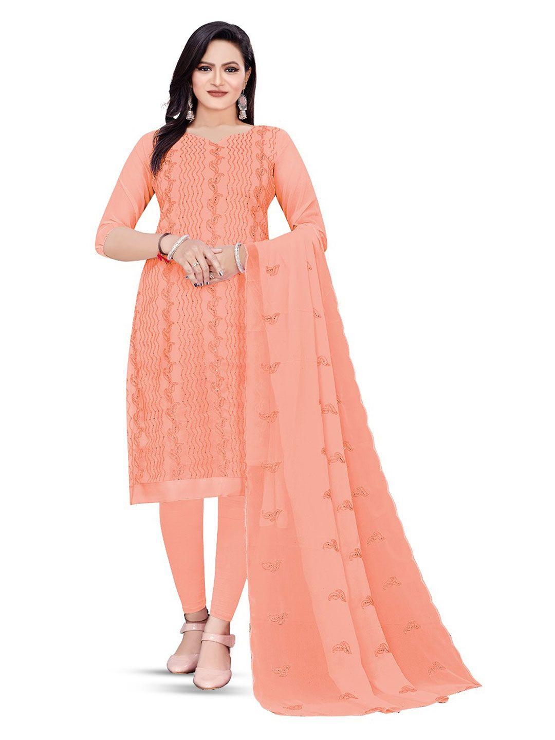 manvaa peach-coloured embroidered silk georgette unstitched dress material
