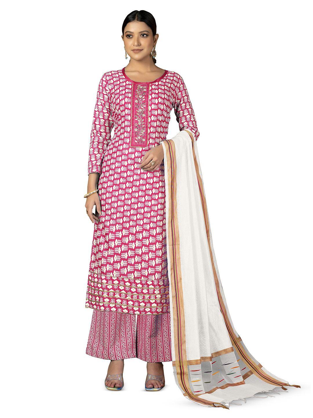 manvaa pink printed pure cotton unstitched dress material