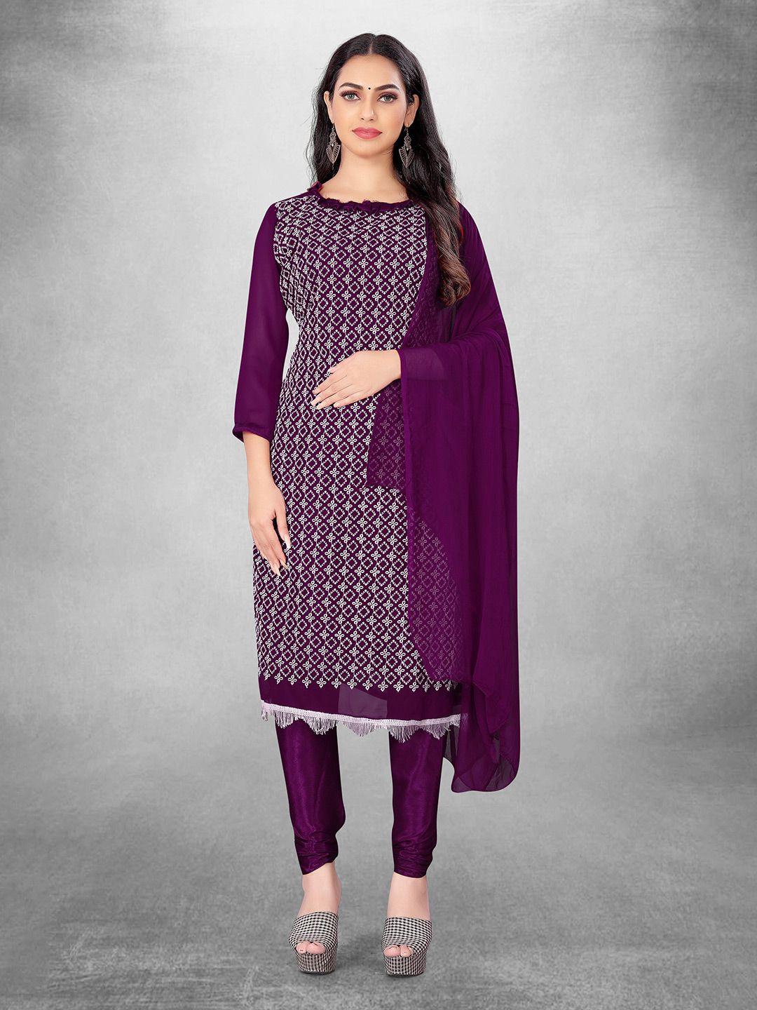manvaa purple embroidered silk georgette unstitched dress material