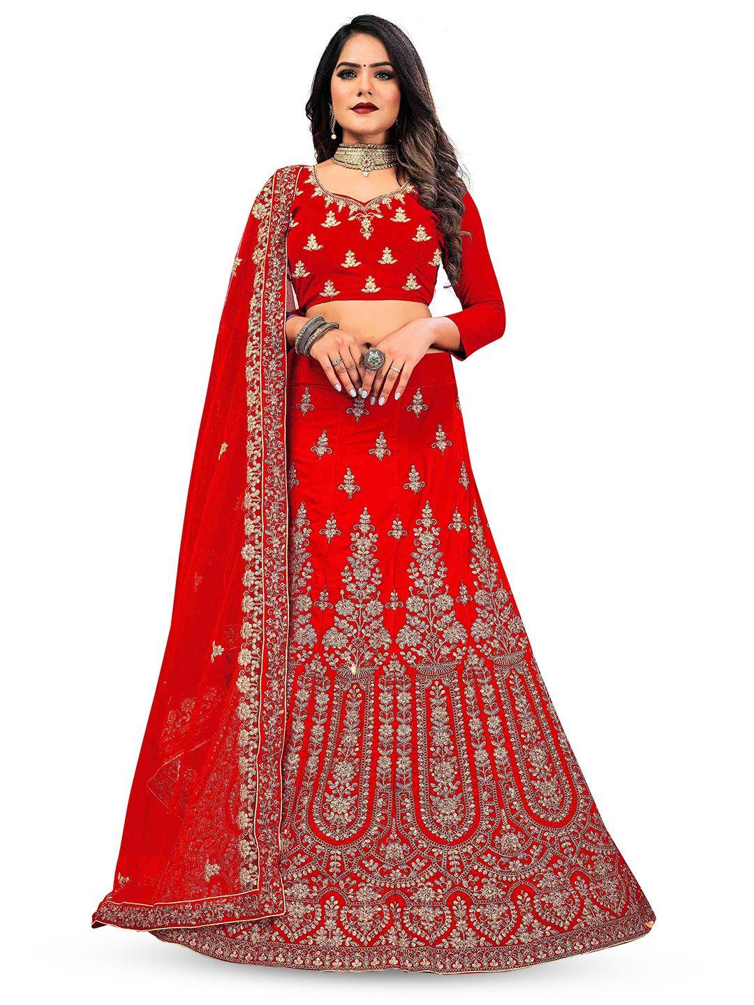 manvaa red & gold-toned embroidered beads and stones semi-stitched lehenga & unstitched blouse with dupatta