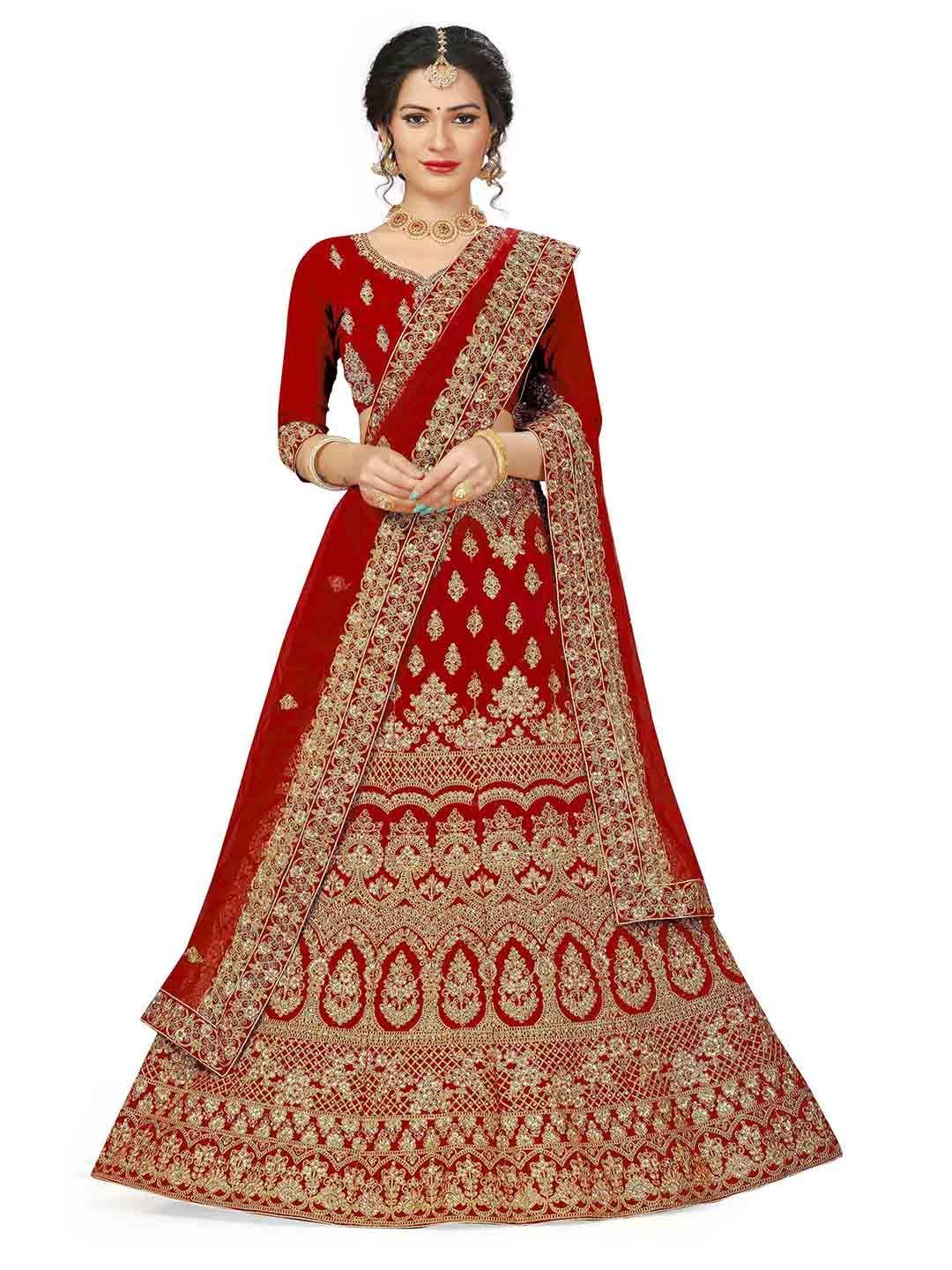 manvaa red & gold-toned embroidered thread work semi-stitched lehenga & unstitched blouse with dupatta