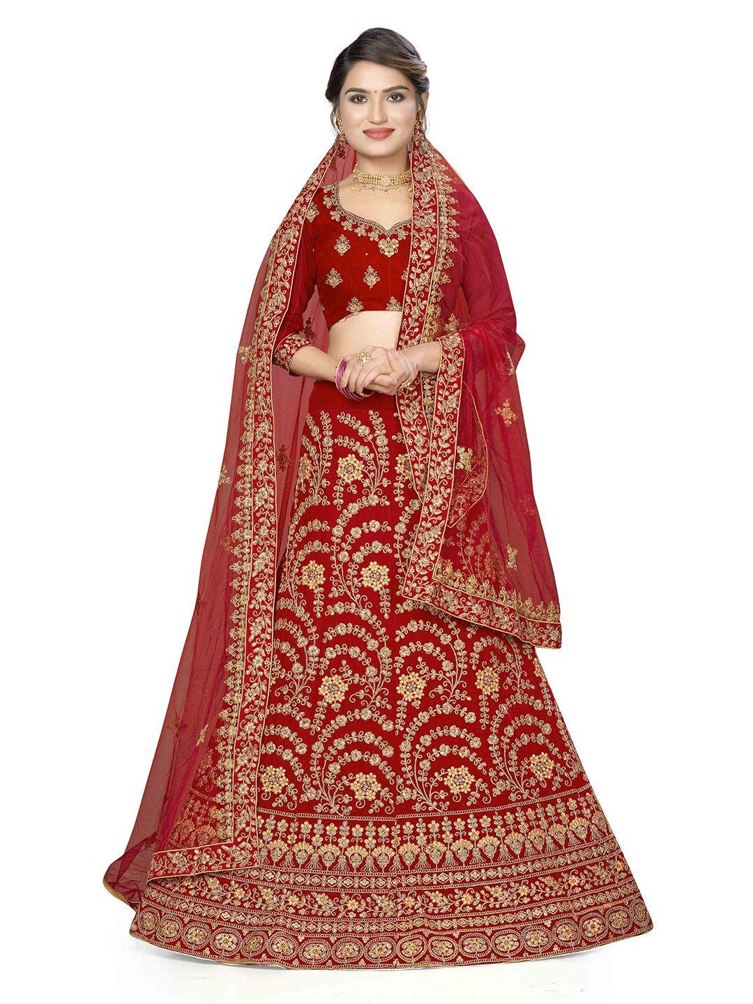 manvaa red & gold-toned embroidered thread work semi-stitched lehenga & unstitched blouse with dupatta