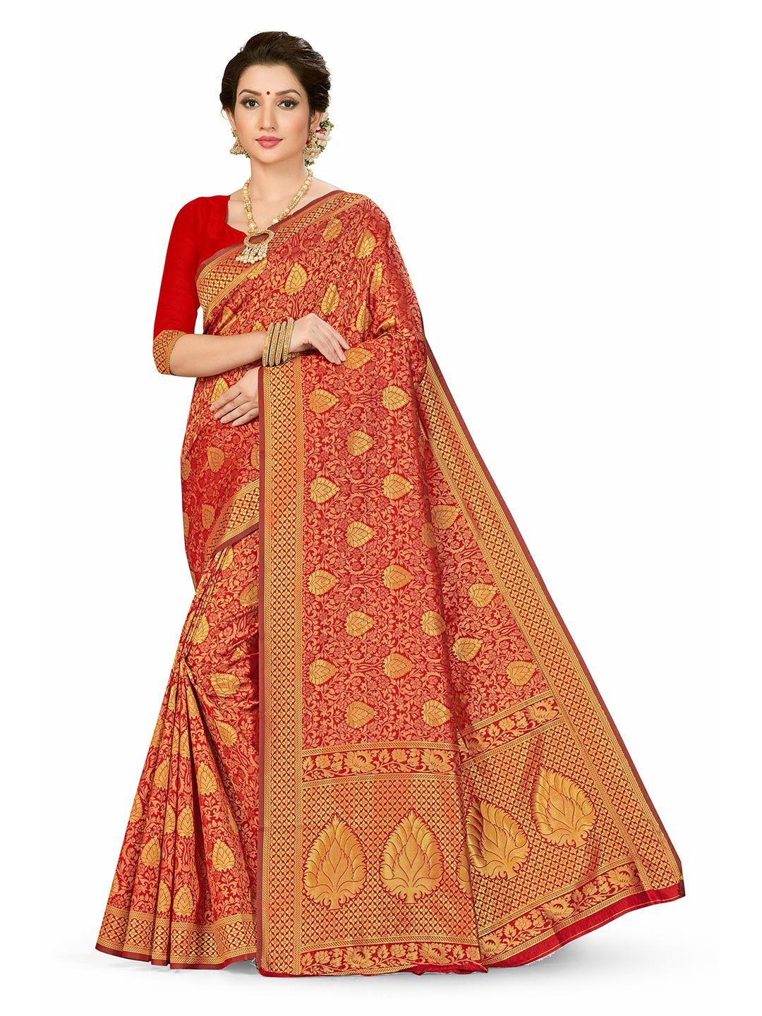 manvaa red & gold-toned woven design zari silk blend banarasi saree
