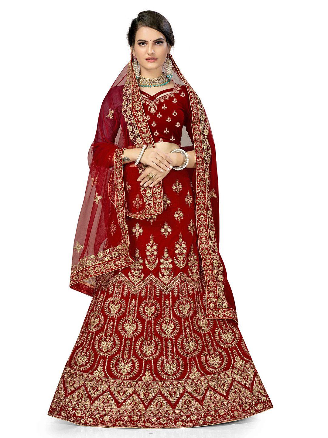 manvaa red embroidered beads and stones semi-stitched lehenga & unstitched blouse with dupatta