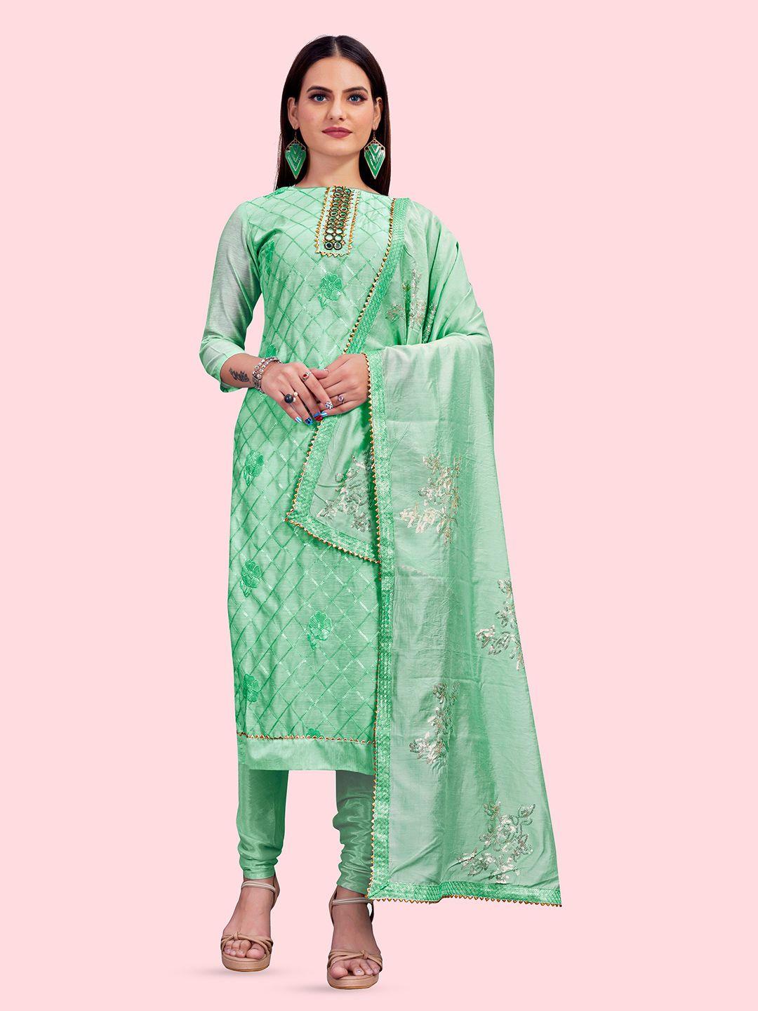 manvaa sea green embellished unstitched dress material