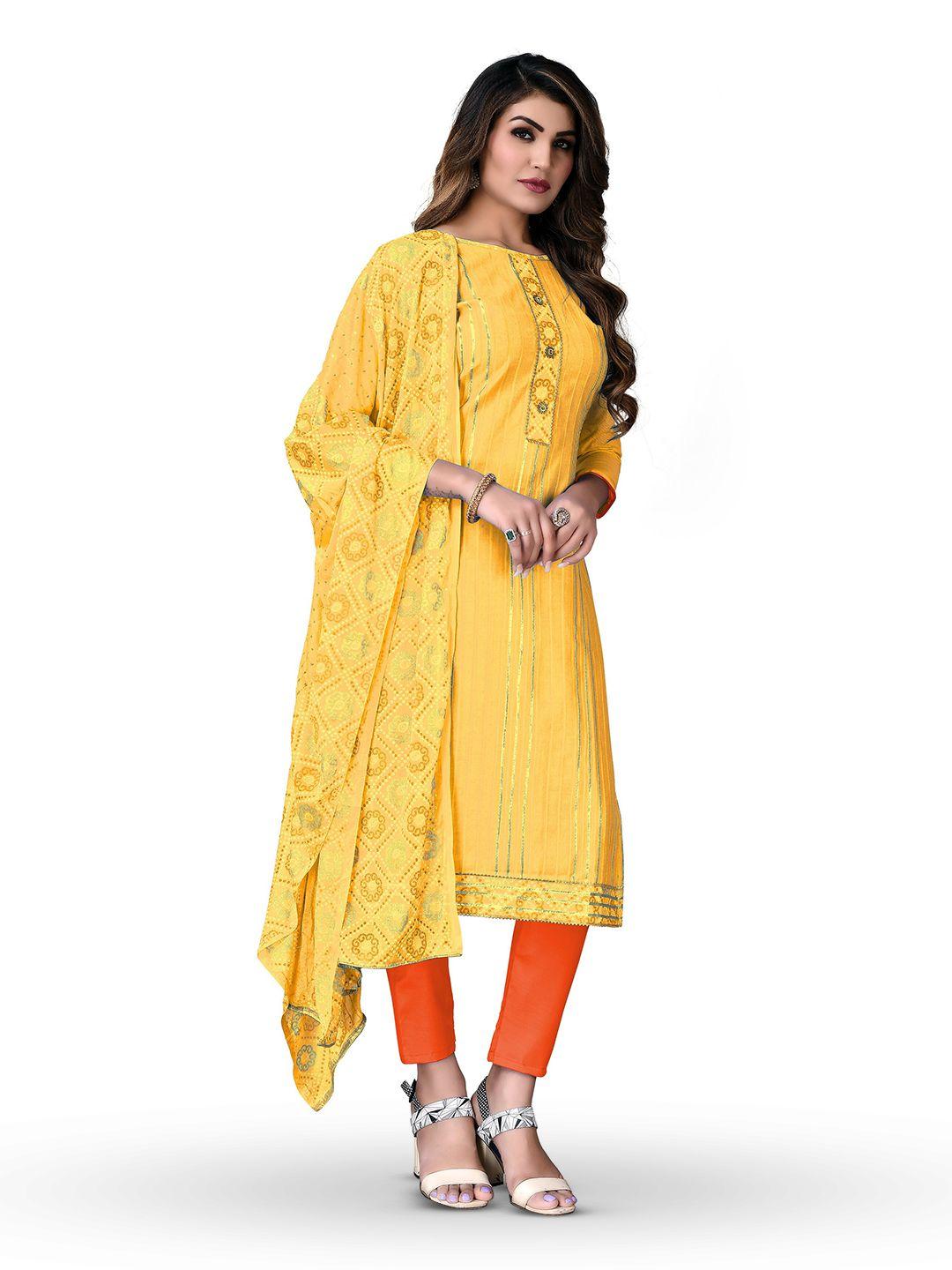 manvaa yellow embellished pure cotton unstitched dress material