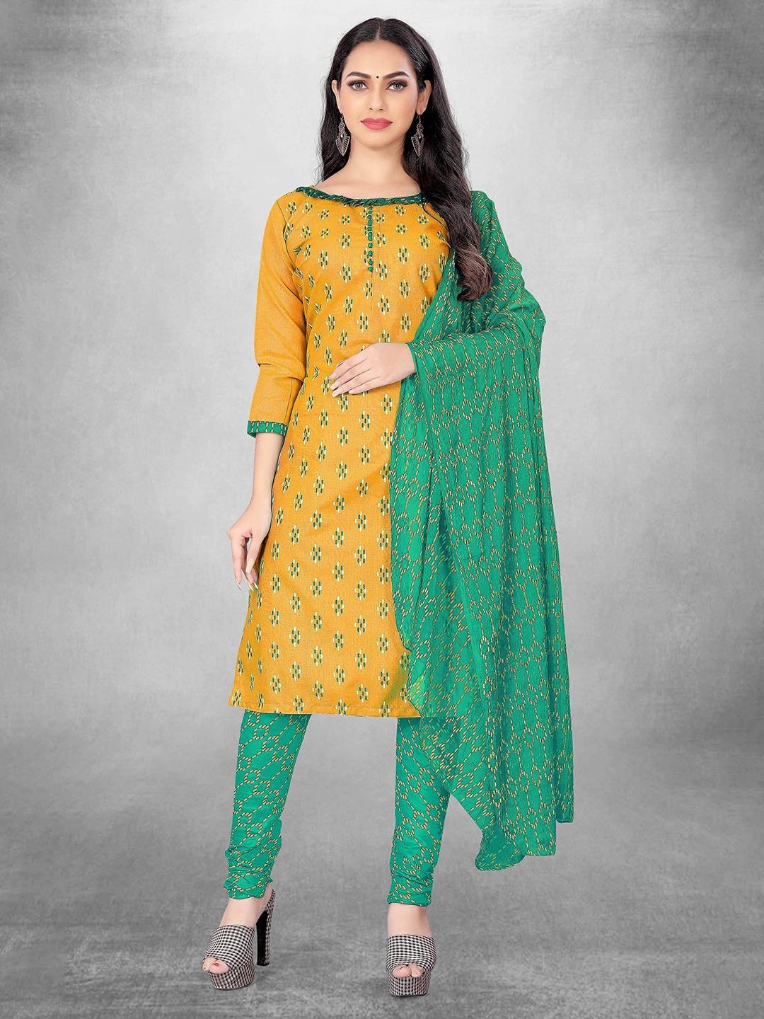 manvaa yellow printed unstitched dress material