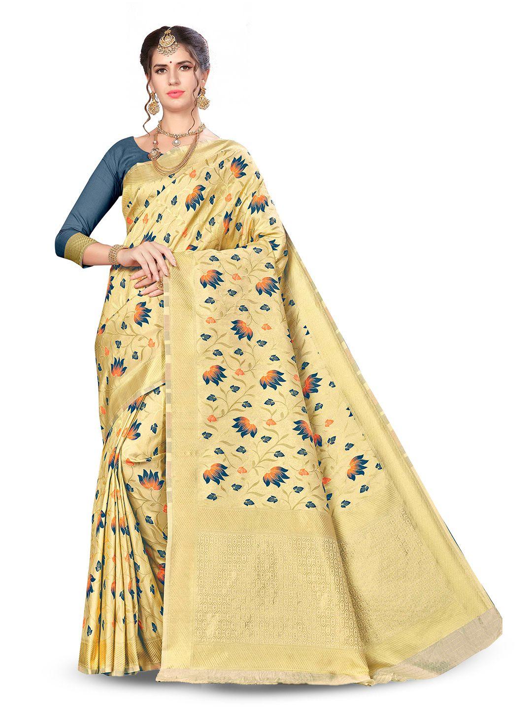 manvaa beige & blue woven design zari silk blend banarasi saree