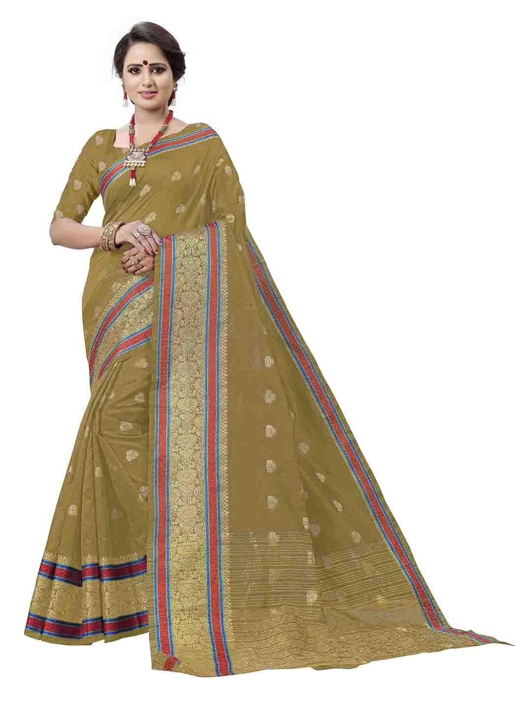 manvaa beige & pink woven design zari banarasi saree