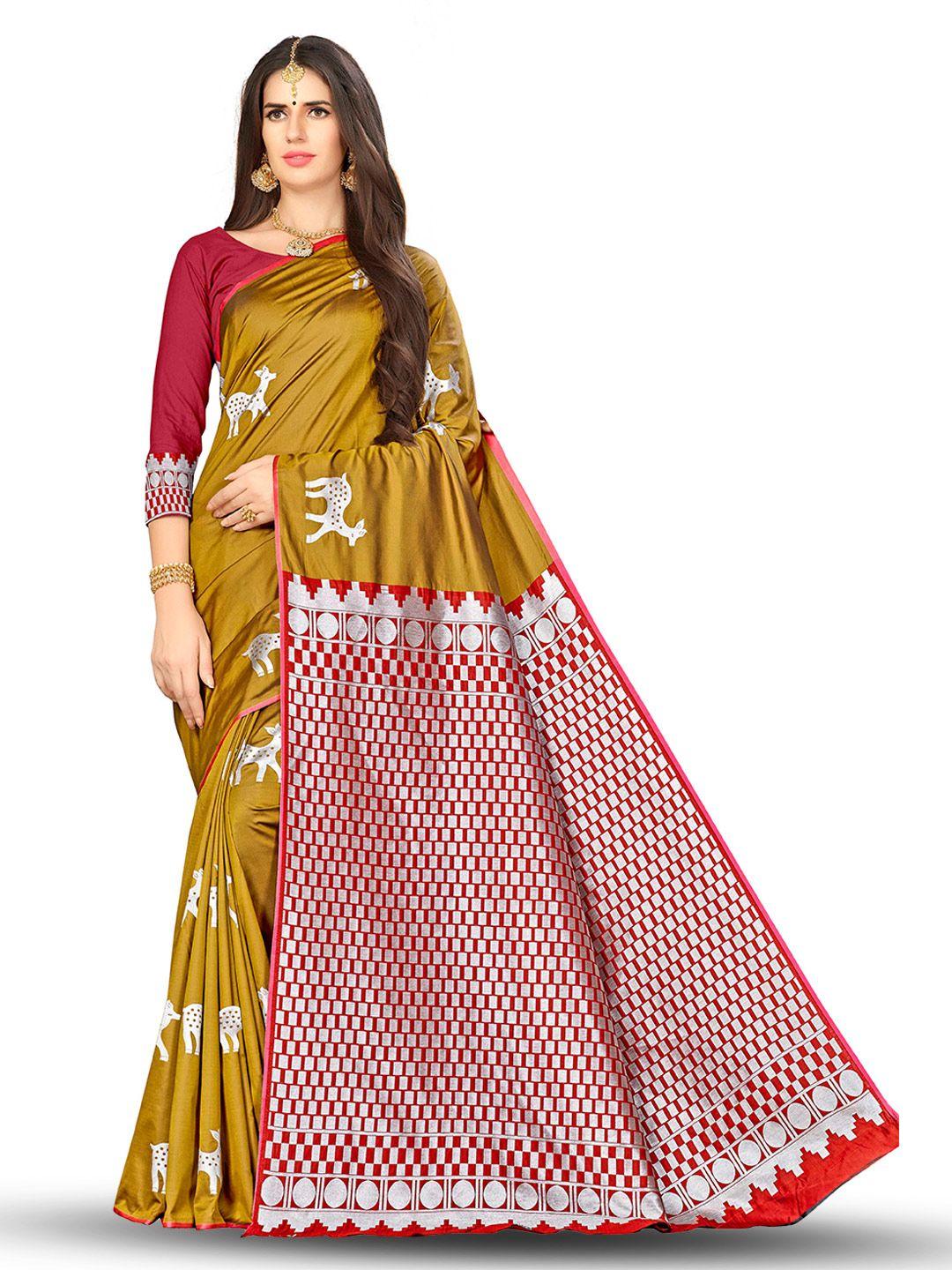 manvaa beige & red woven design zari silk blend banarasi saree