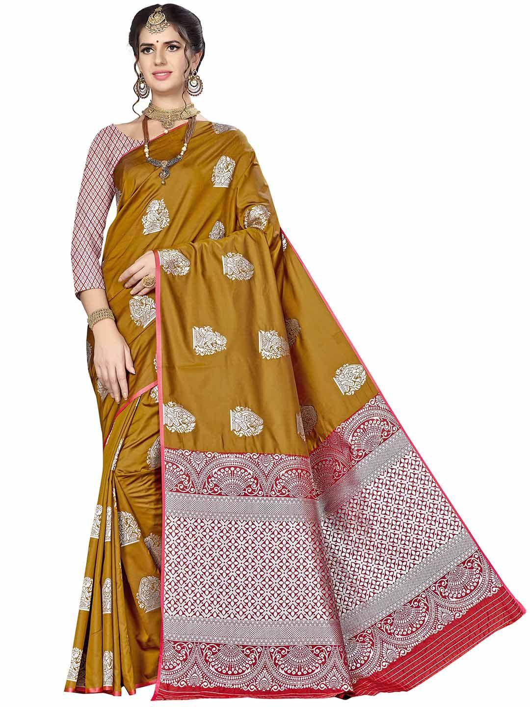 manvaa beige & silver-toned woven design zari silk blend banarasi saree