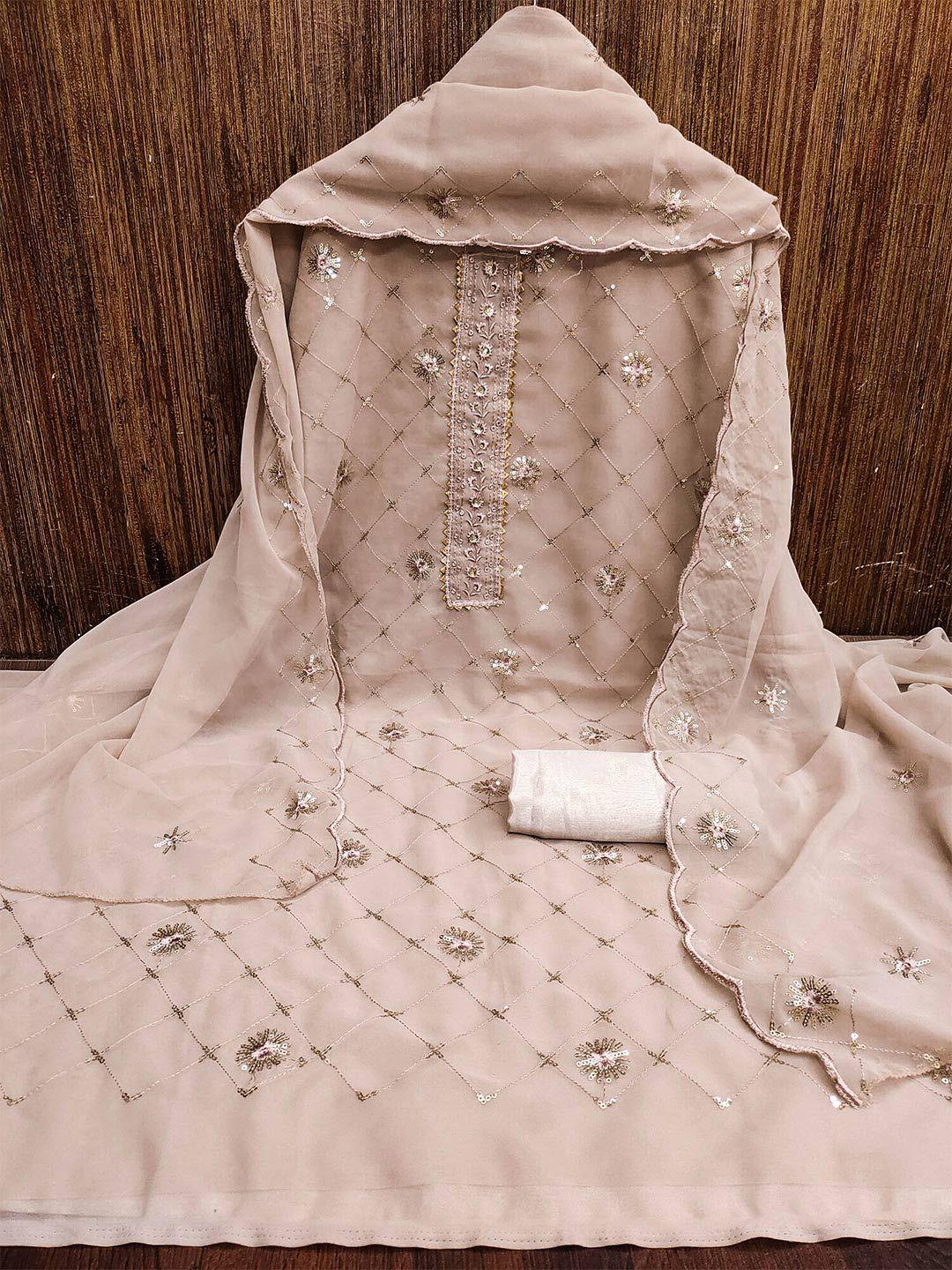 manvaa beige embellished silk georgette unstitched dress material