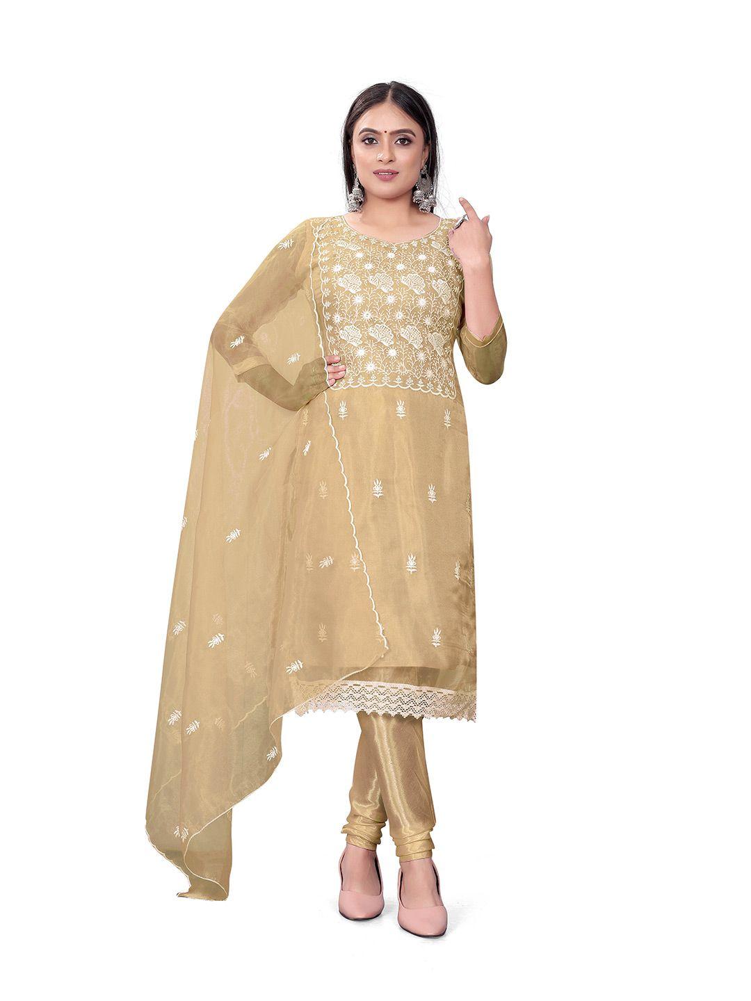 manvaa beige embroidered organza unstitched dress material