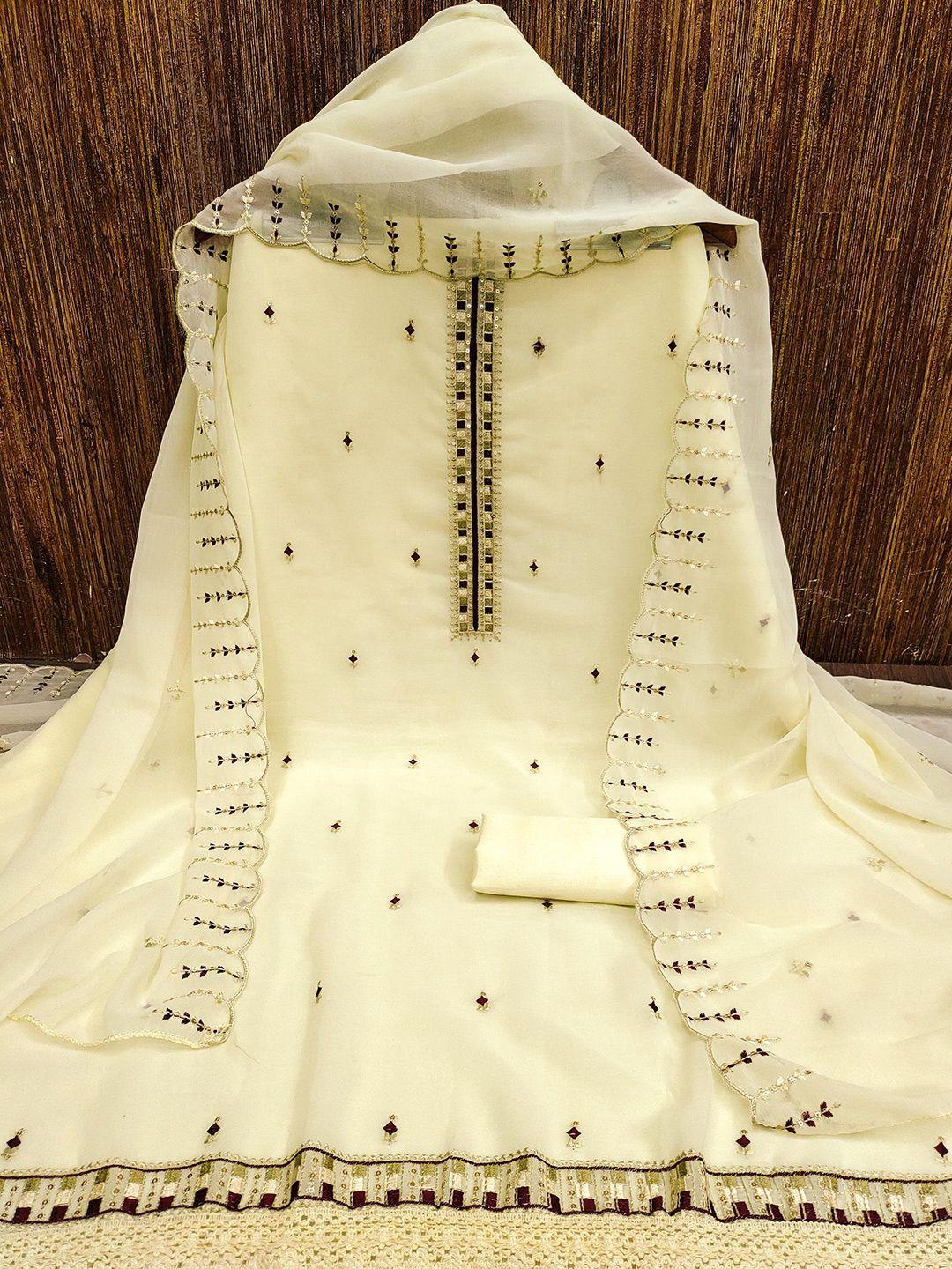manvaa beige embroidered silk georgette unstitched dress material
