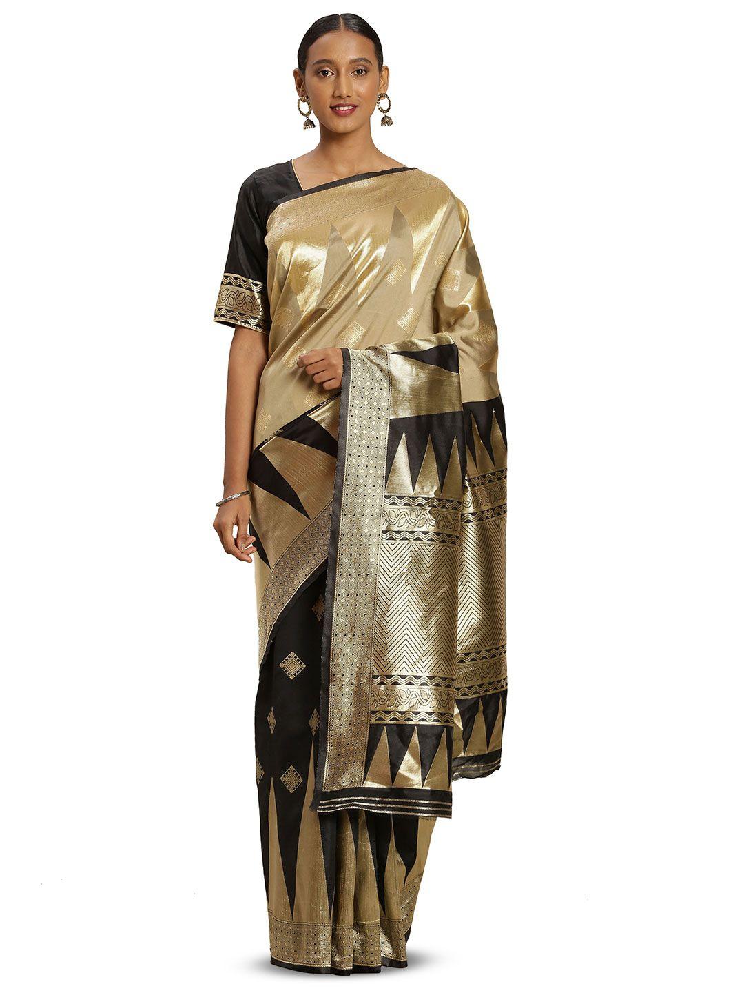 manvaa black & gold-toned woven design zari silk blend banarasi saree