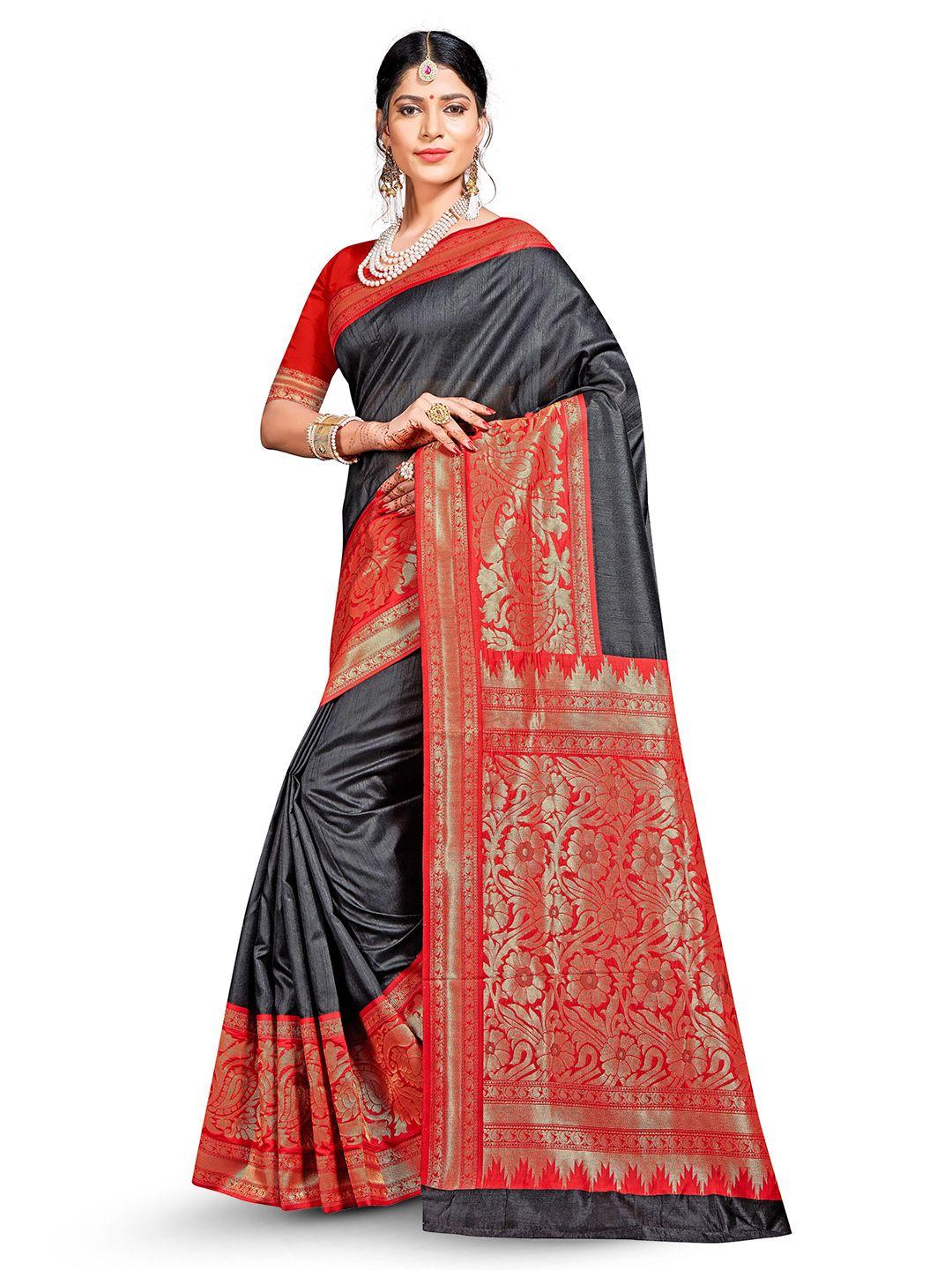 manvaa black & red zari silk blend banarasi saree