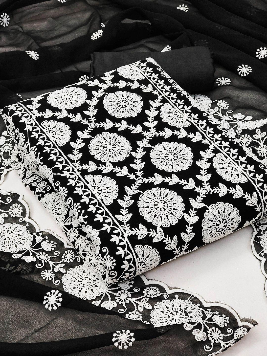 manvaa black & white embroidered silk georgette unstitched dress material