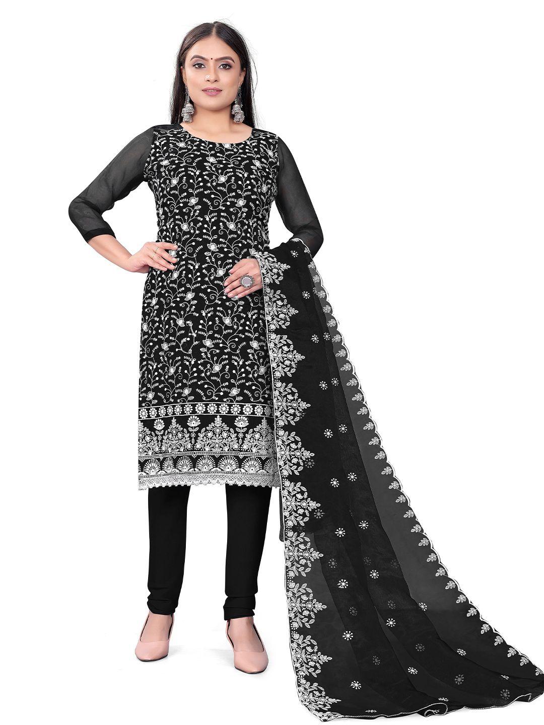 manvaa black embroidered organza unstitched dress material