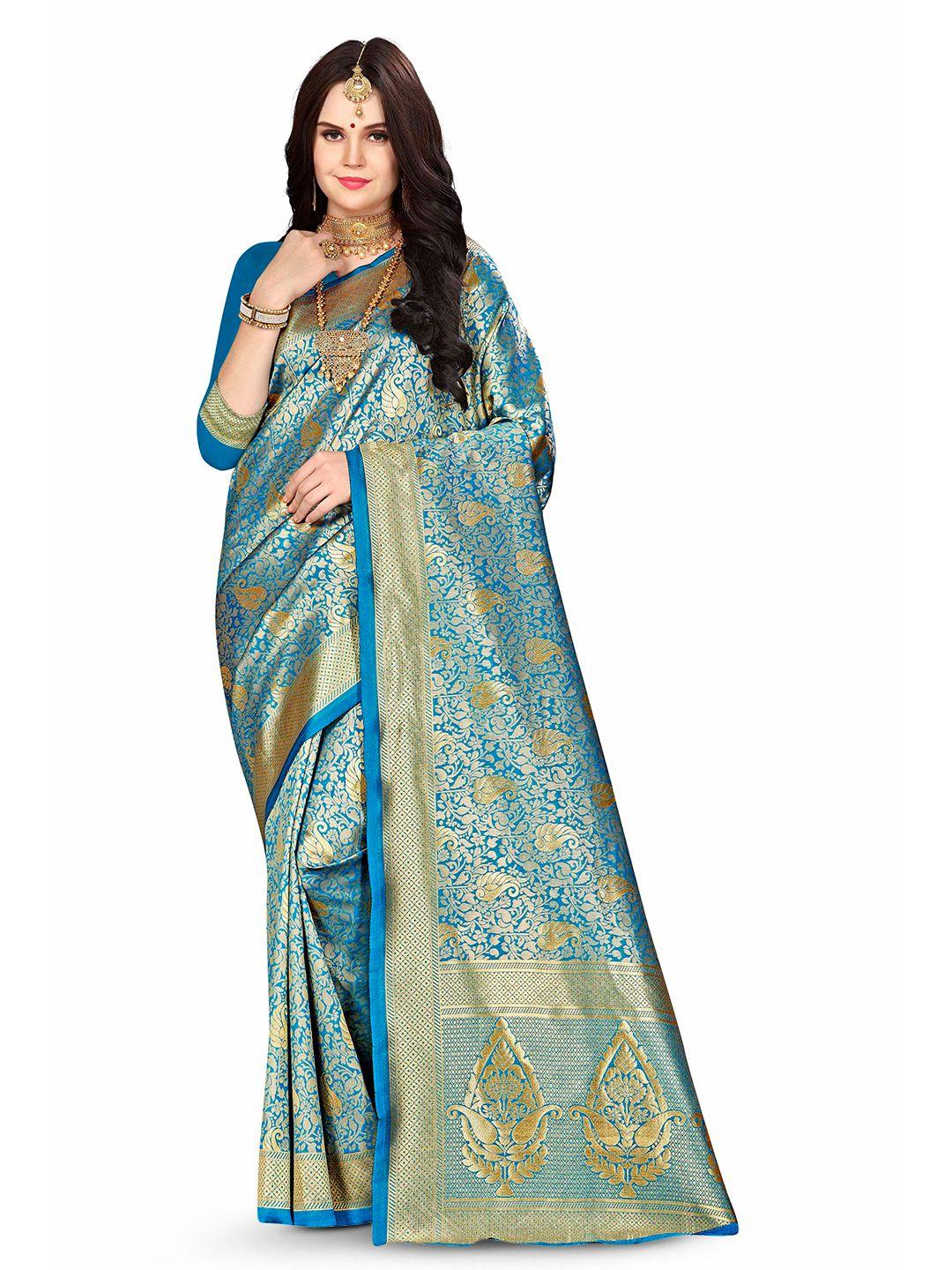 manvaa blue & gold-toned woven design zari silk blend banarasi saree