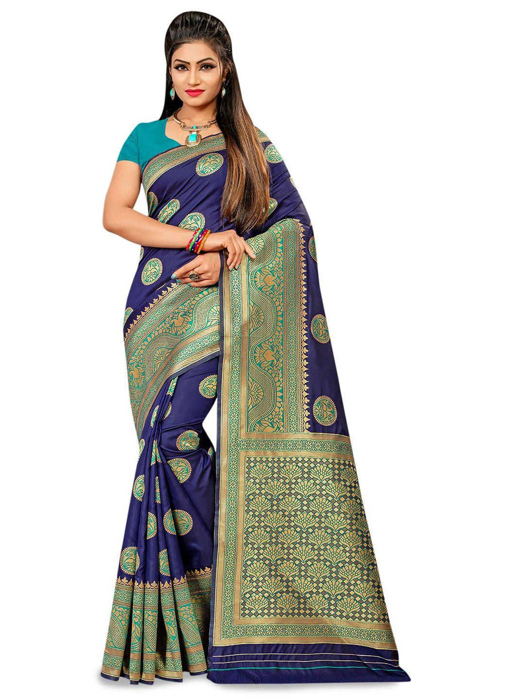 manvaa blue & green ethnic motifs zari silk blend banarasi saree