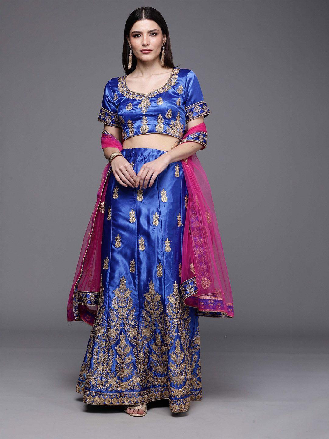 manvaa blue & pink embellished semi-stitched lehenga & unstitched blouse with dupatta