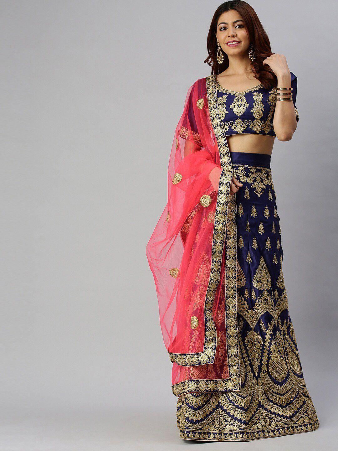 manvaa blue & red embroidered thread work semi-stitched lehenga & unstitched blouse with dupatta