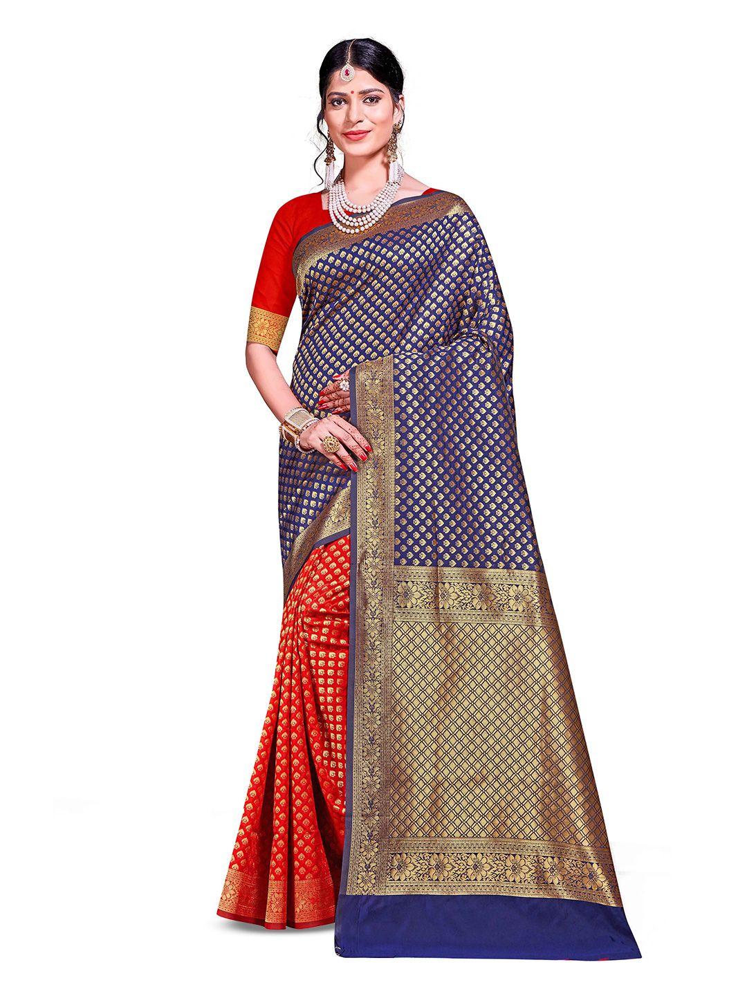 manvaa blue & red woven design zari silk blend half and half banarasi saree