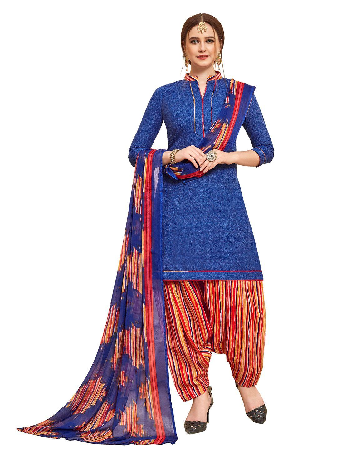 manvaa blue printed pure cotton unstitched dress material