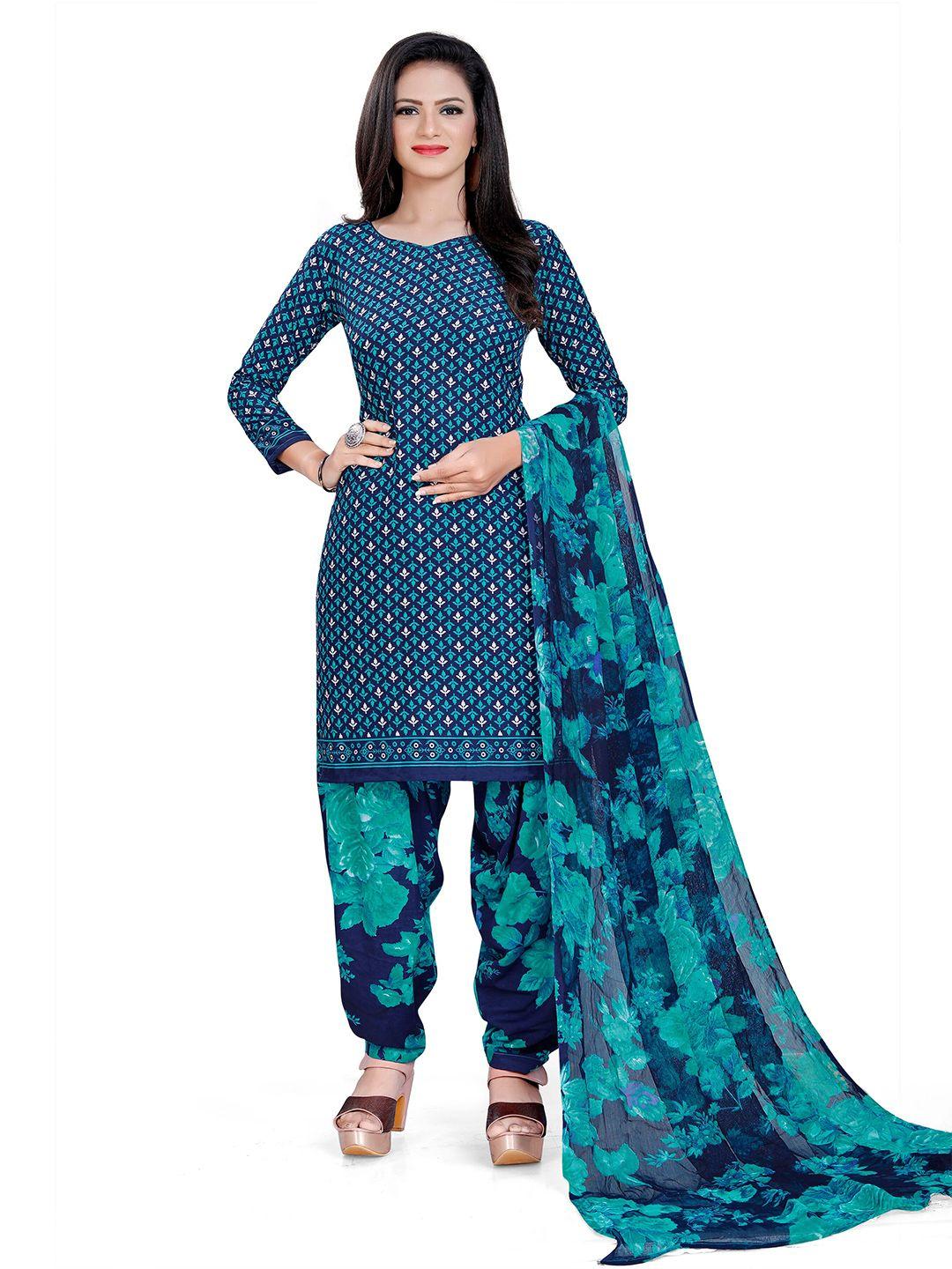 manvaa blue printed silk crepe unstitched dress material