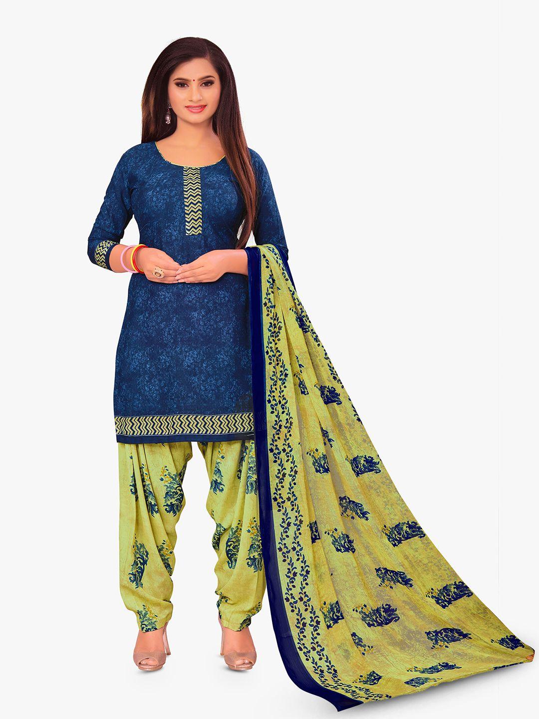 manvaa blue printed silk crepe unstitched dress material