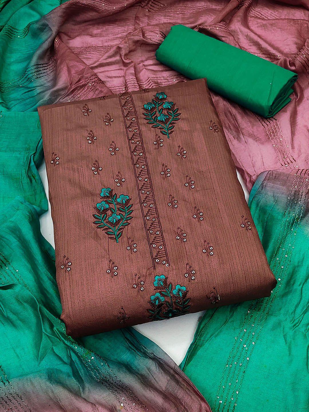 manvaa brown embroidered pure silk unstitched dress material