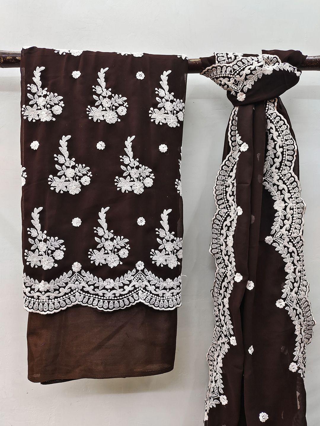 manvaa brown embroidered silk georgette unstitched dress material