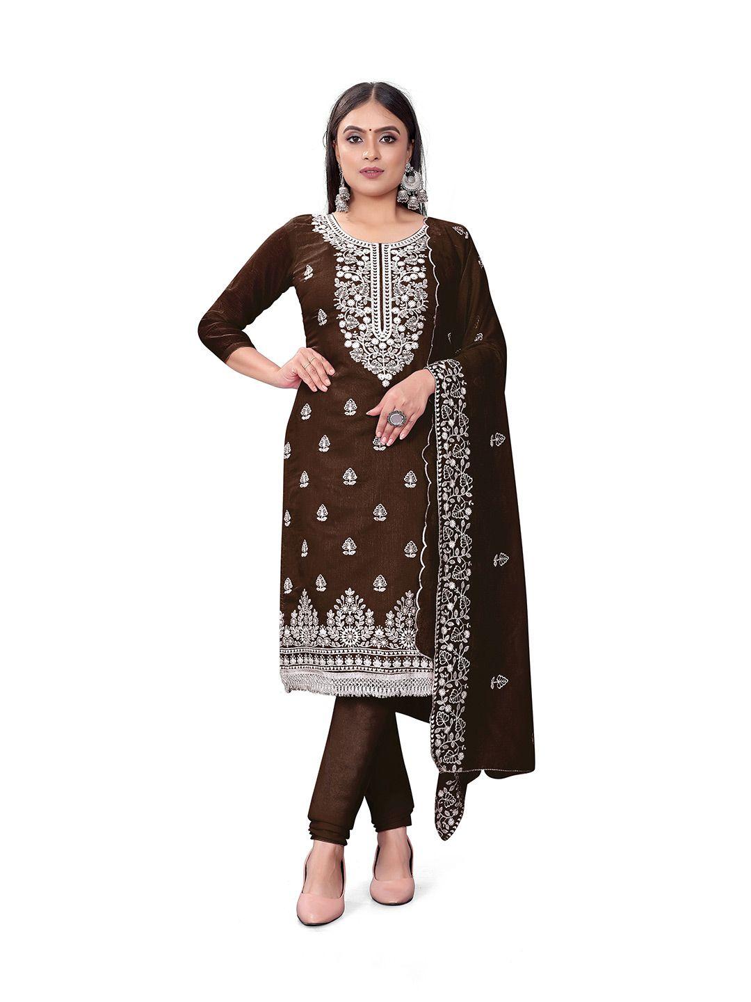 manvaa brown embroidered unstitched dress material