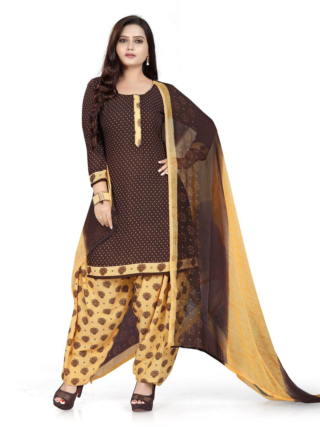manvaa brown printed silk crepe unstitched dress material